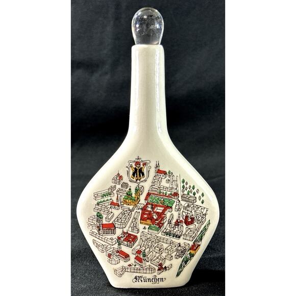 Other - München Germany Ceramic Decanter Bottle with Map Design & Glass Stopper 6”